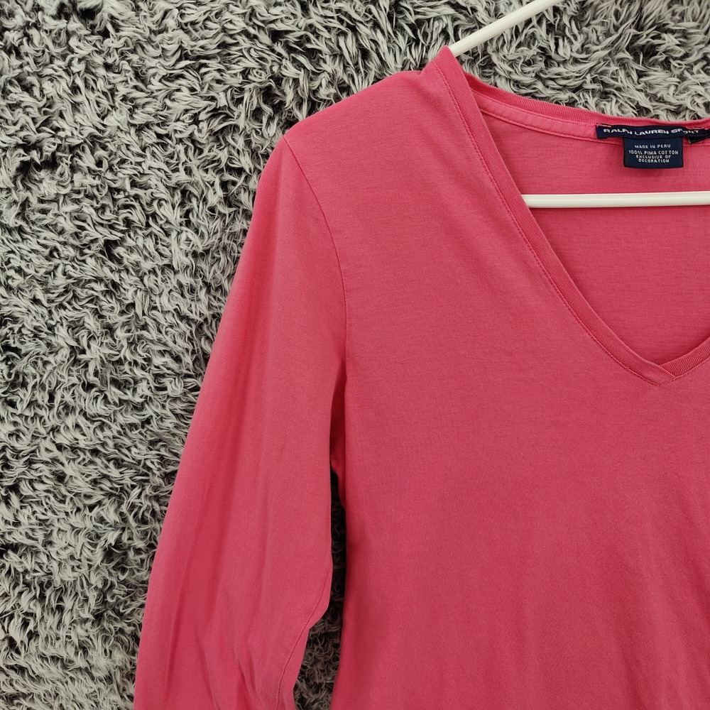 Ralph Lauren Sport Womens Preppy V-Neck Long Sleeve Tee L Pink Pima Cotton Pony - Picture 7 of 15